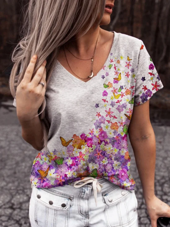 Cotton-Blend Floral Casual Short Sleeve T-shirt