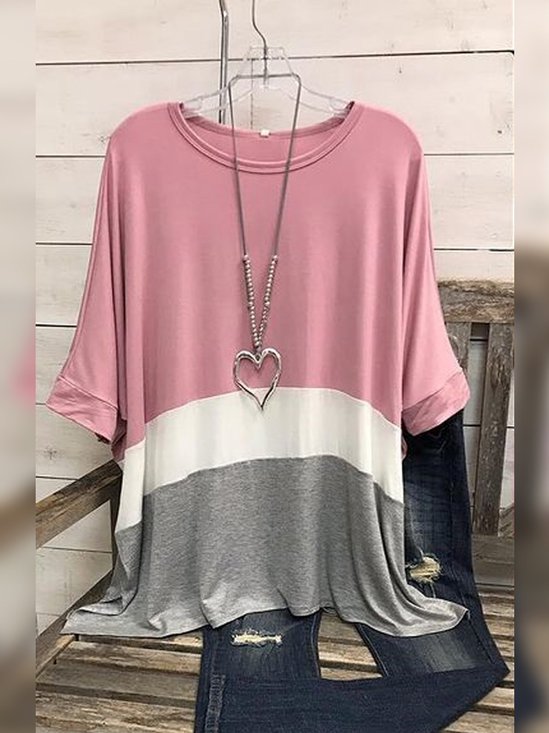 Stripes  Short Sleeve  Printed  Cotton-blend  Crew Neck Casual  Summer  Pink Top