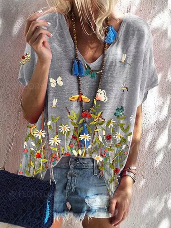 Women‘s Summer Floral-Print Casual Short Sleeve Shift Blouses & Shirts