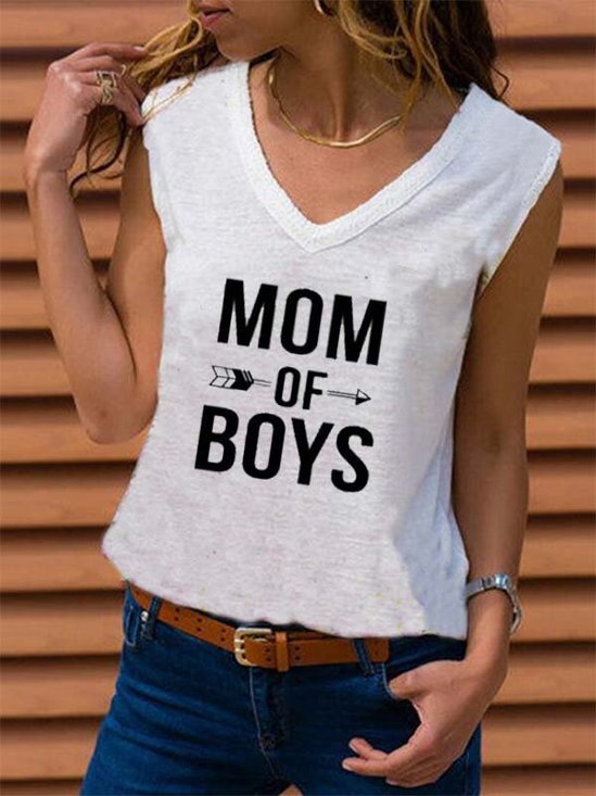Mother's Day Letter Cotton-Blend V Neck Casual Shirt & Top