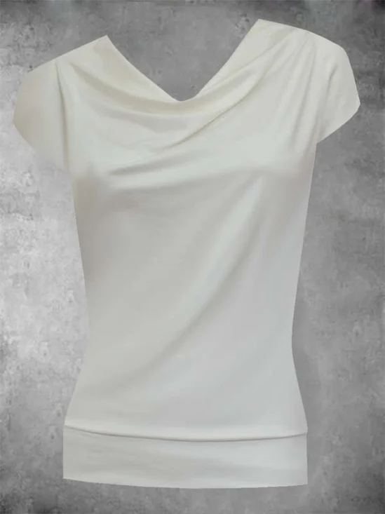 Short Sleeve Solid Cowl Neck Cotton-Blend T-shirt