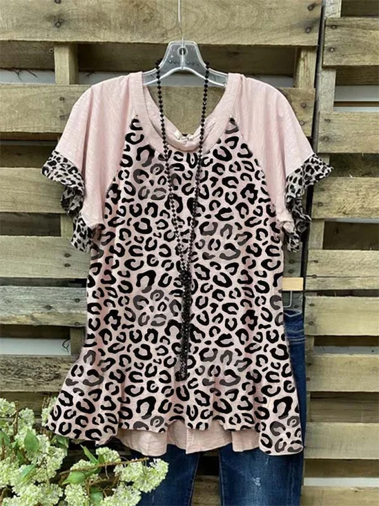 Short Sleeve Leopard-Print Casual T-shirt