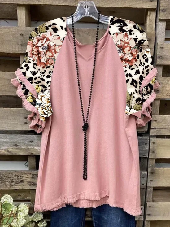 Floral  Short Sleeve  Printed  Cotton-blend  V neck  Casual  Summer  Pink Top