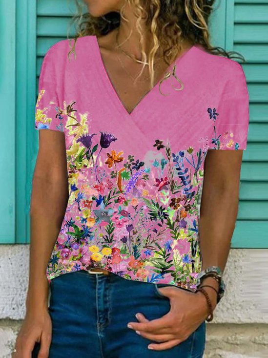 Floral  Short Sleeve Printed  Cotton-blend  V neck Casual  Summer  Pink Top