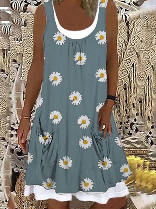 Women Floral Round Neck Sleeveless Vintage Dresses(Contains lining)