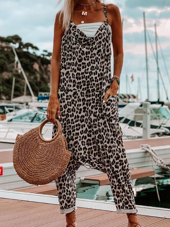 Leopard Cotton-Blend Sleeveless Jumpsuit & Romper