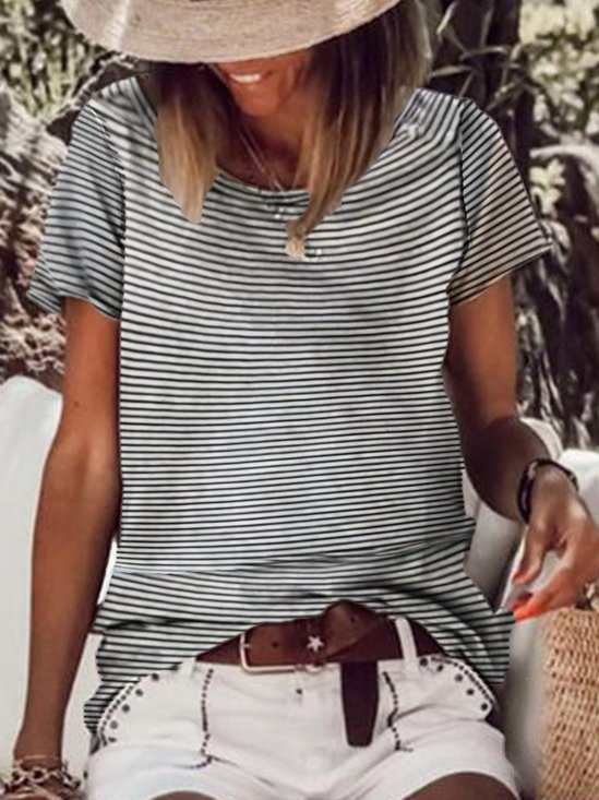 Cotton-Blend Striped Basic T-shirt