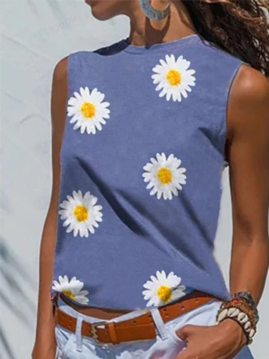 Casual Floral Cotton-Blend Floral-Print T-shirt