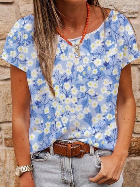Blue Floral Printed Casual Short Sleeve Shift T-shirt