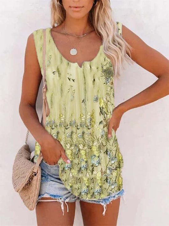 V Neck Casual Sleeveless Floral-Print Top