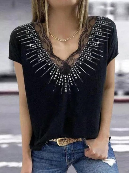 Vintage Short Sleeve V Neck Geometric Printed Lace Casual Top