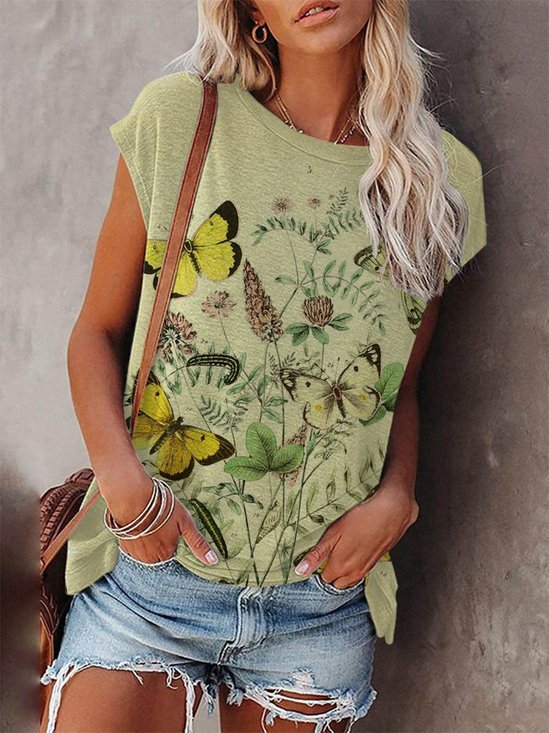 Butterfly Short Sleeve Printed  Cotton-blend Crew Neck Holiday Summer Yellow Top