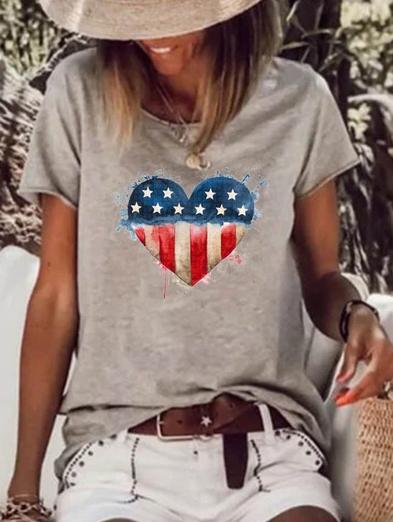 Short Sleeve Independence Day Lightweight Cotton-blend Crew Neck Daily Printed Casual Summer Beige Top With America Flag