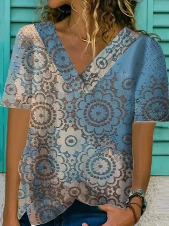 Floral  Short Sleeve  Printed Polyester  V neck Vintage  Summer  Blue Top