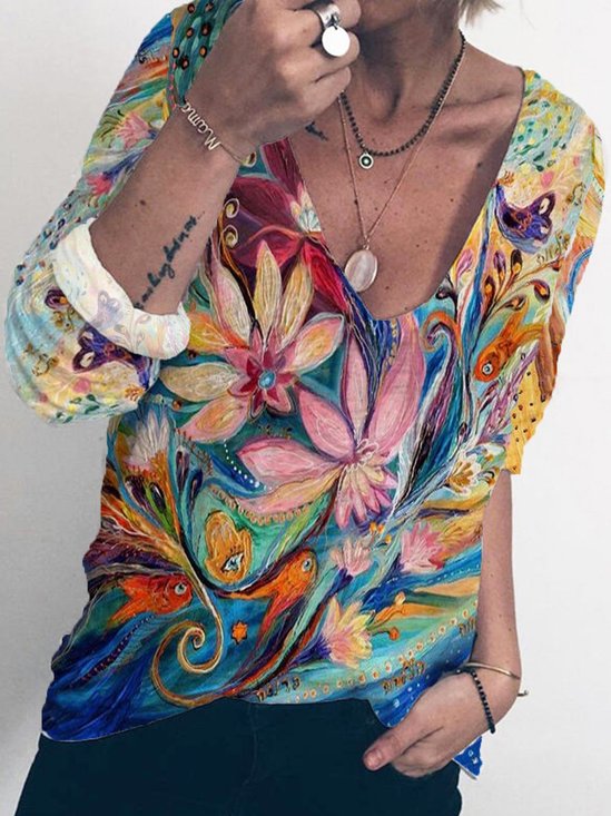Floral Printed Casual V Neck Long Sleeve Shift Top