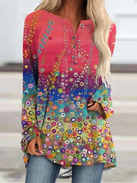 Multicolor Floral Printed Long Sleeves Plus Size Casual T-shirts
