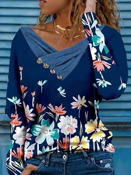 Blue Floral Printed V Neck Casual Long Sleeve Shift Tops