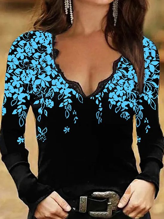 Black Floral Printed Casual V Neck Long Sleeve Sexy Top