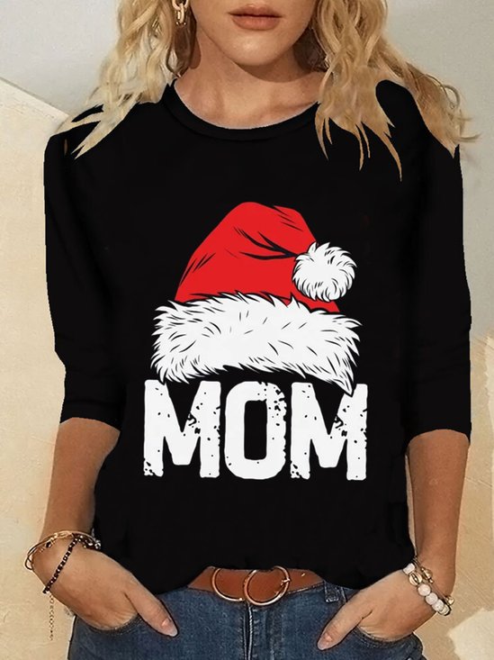 Christmas Xmas Hat Long Sleeve Round Neck Printed Top T-shirt Xmas T-shirt