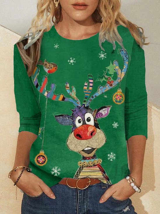 Christmas Xmas Long Sleeve Round Neck Printed Top T-shirt Xmas T-shirt