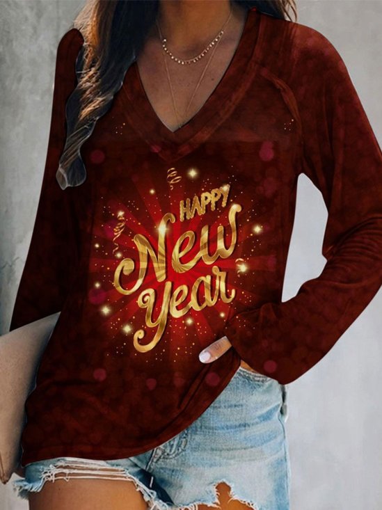 Happy New Year  Printed V Neck Long Sleeve T-shirt