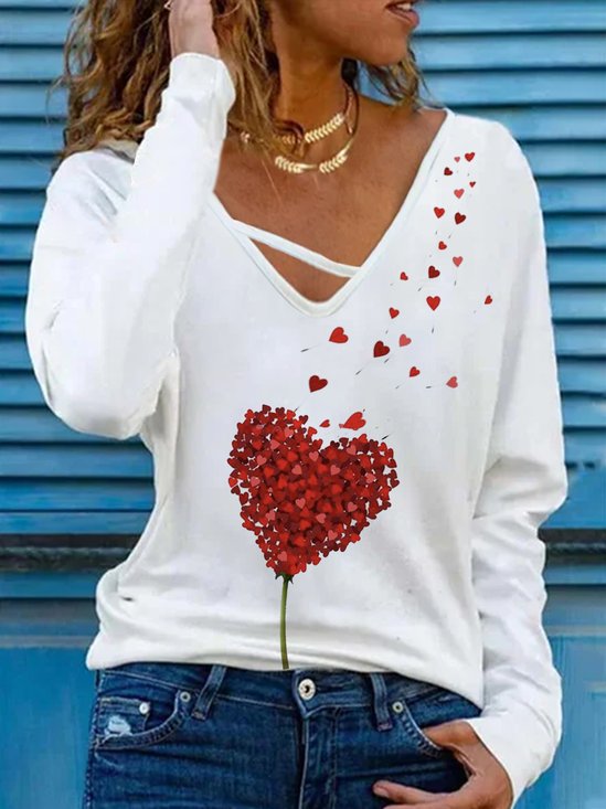 Casual Cotton Blends heart Print Valentine's Day Long Sleeve Shirt & Top