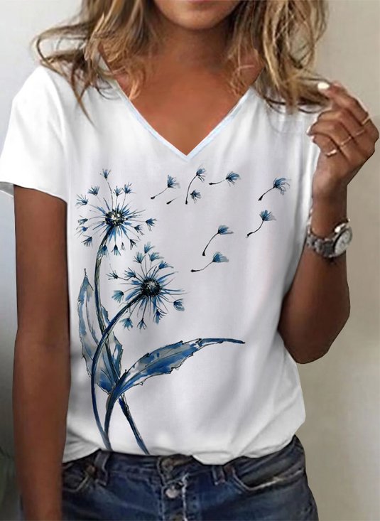 Vacation Dandelion Floral Printed Casual Loosen V Neck Short Sleeve T-Shirt