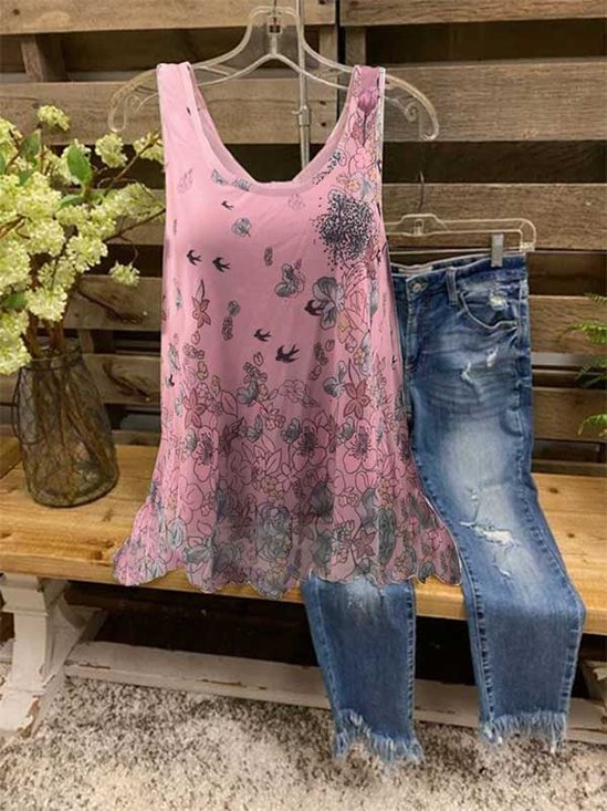 Sleeveless Floral-Print Shirt & Top