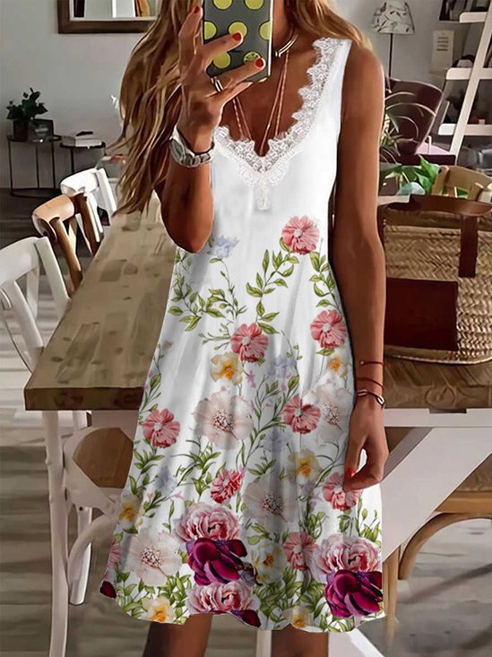 Vacation Romantic Floral Printed Casual Loosen V Neck Midi Sleeveless Knitting Dress