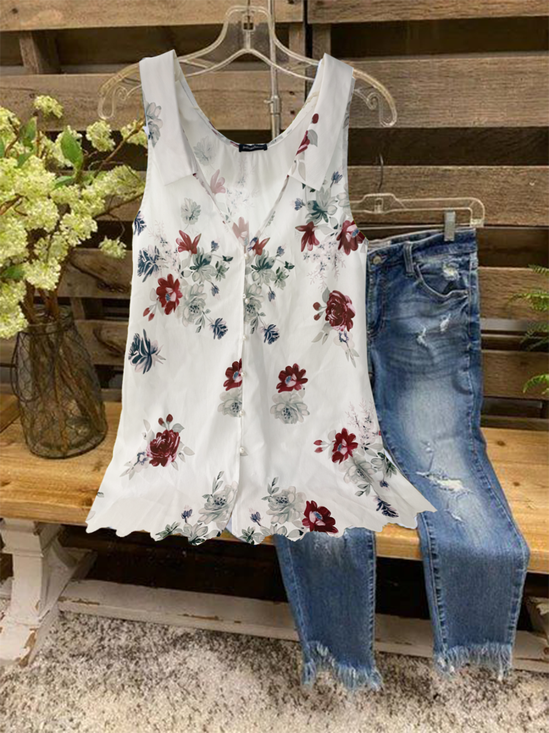 Buttoned Floral Casual Woven Loose Fitting Tank Tops