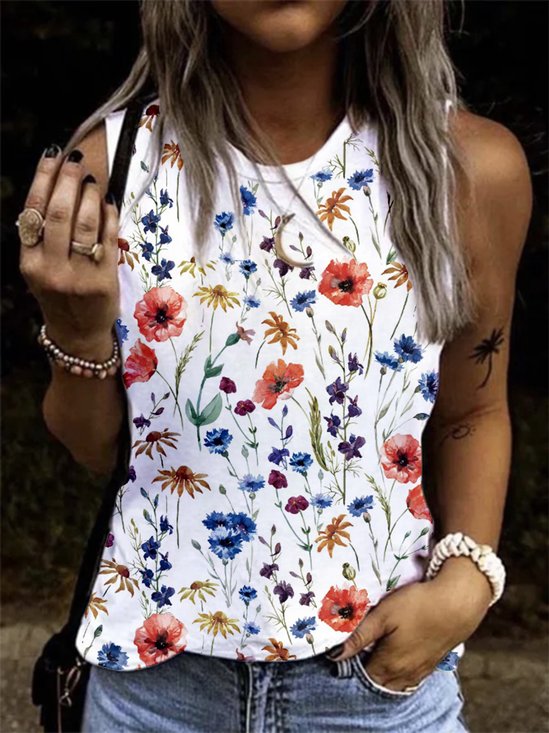 Floral Sleeveless Crew Neck Plus Size Casual Knit