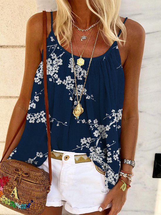 Casual Floral Sleeveless Round Neck Plus Size Printed Top Vests