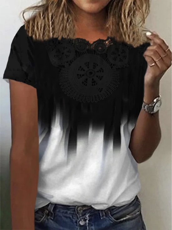 Ombre Color-block Lace Crew Neck Casual Short Sleeve T-Shirt