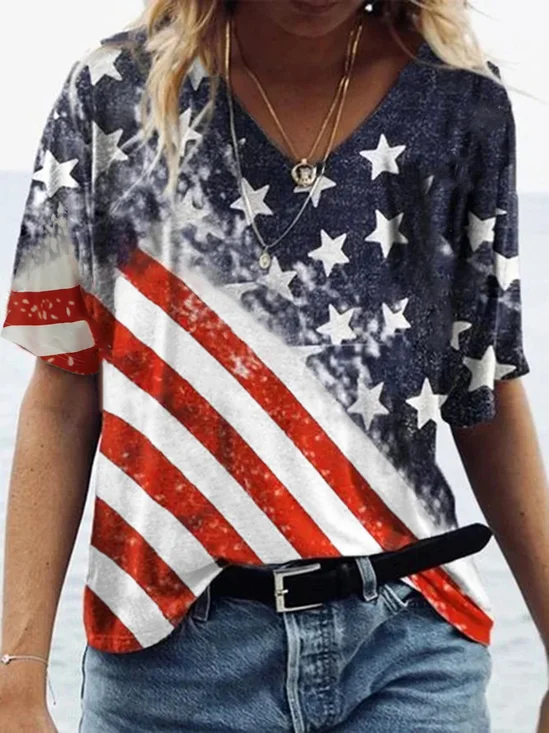 V Neck Casual Short Sleeve Independence Day Loosen T-Shirt With America Flag