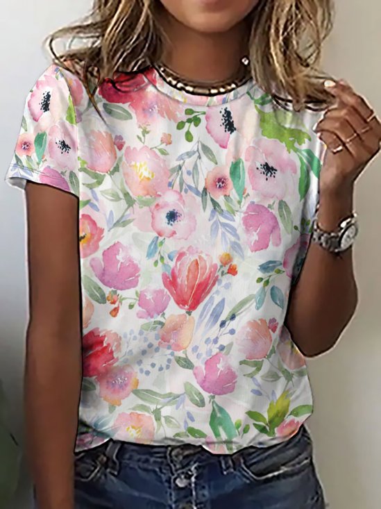 Casual Simple Floral Print Crew Neck T-Shirt
