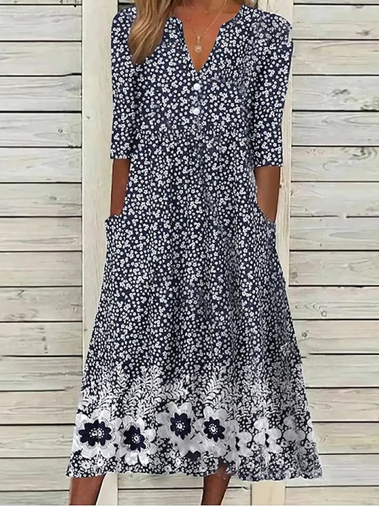 Casual Floral Woven Notched Neckline Maxi Dress
