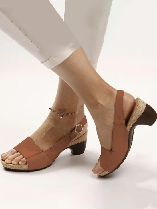 Retro Solid Simple Open Toe Chunky Heel Sandals