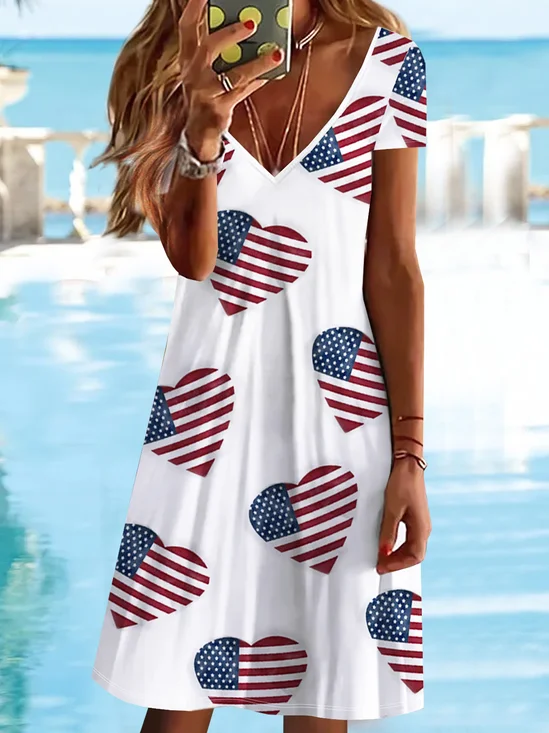 Independence Day Casual America Flag Short Sleeve Knit Dress