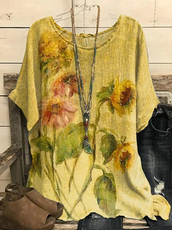 Casual Crew Neck Floral Top