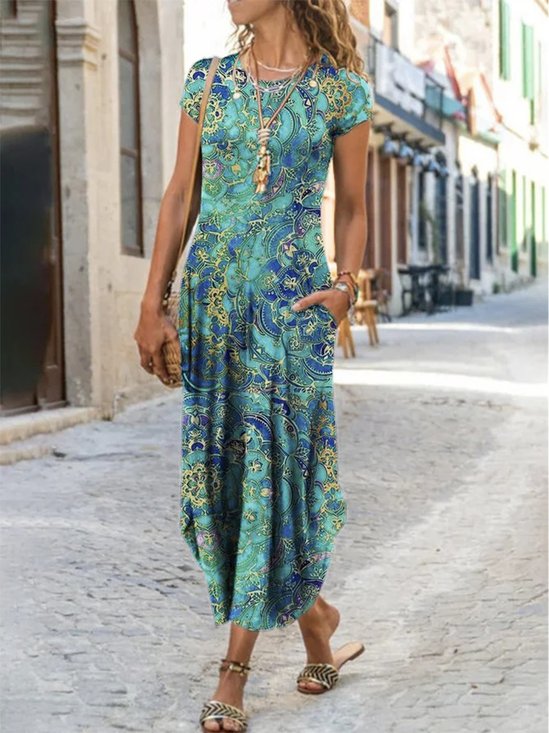 Women Vintage Paisley Short Sleeve Crew Neck A-Line Maxi Knitting Dress