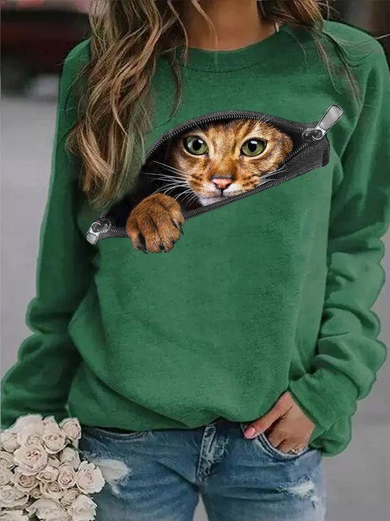 Womens Funny 3D Cat Print Crew Neck Casual Sweatshirt