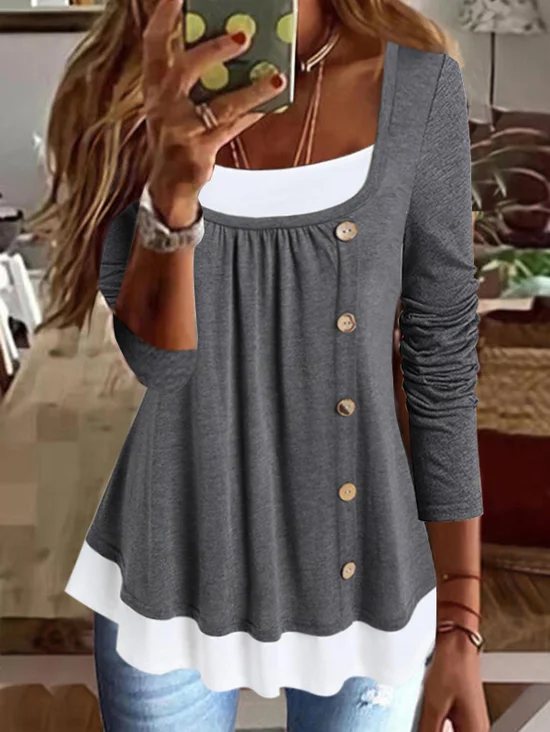 Casual Plain Button-embellished Long-sleeve Knitted Top