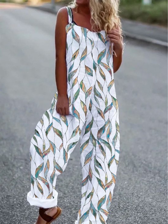 Casual Loose Leaf Square Neck Sleeveless Jumpsuit & Romper