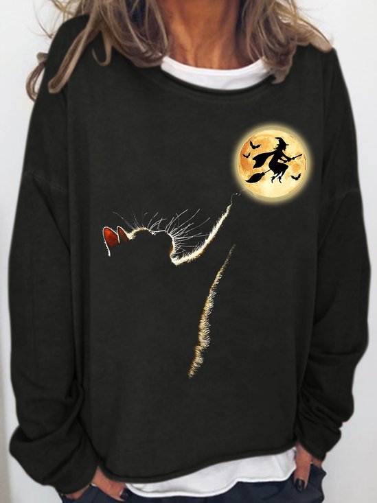 Womens Cat Catching The Moon Funny Cat Halloween Crew Neck Sweatshirt