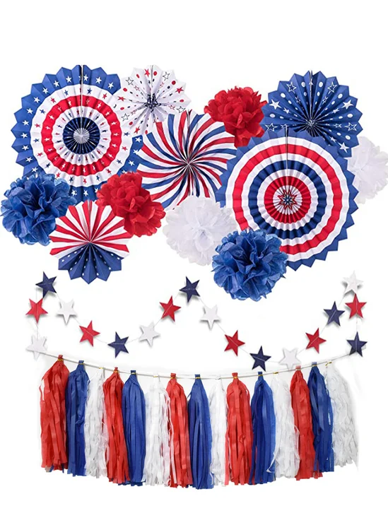 Party Arrangement Paper Fan Paper Flower Balls Stars and Stripes Independence Day Themed Party