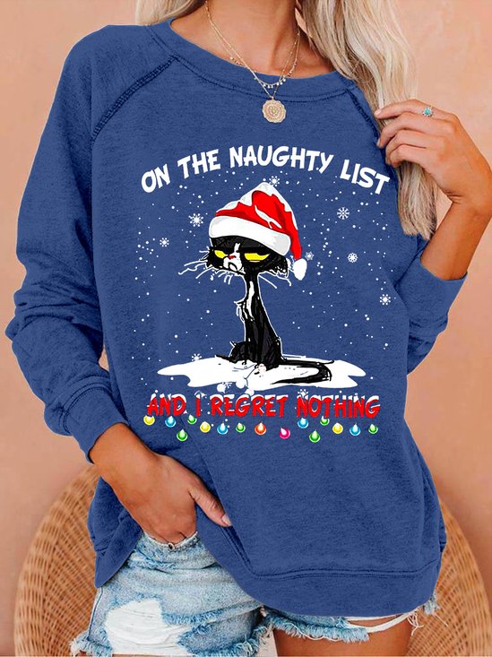 Women Funny Christmas  Cat Graphic Loose Simple Sweatshirt