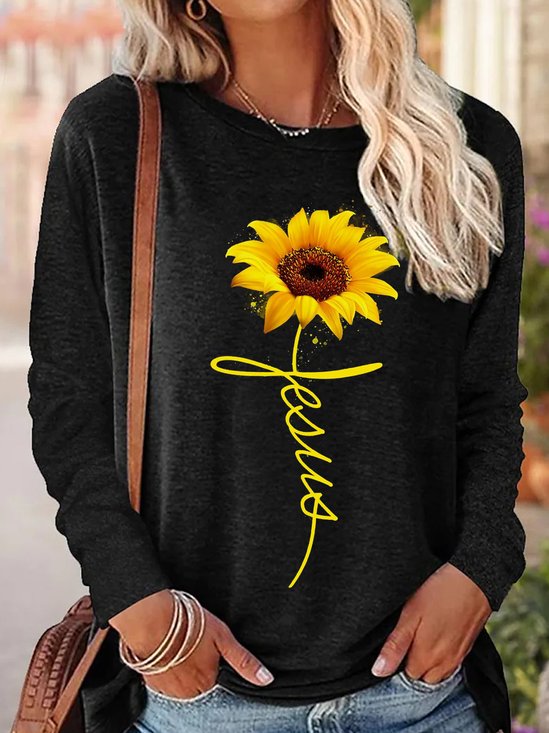 Womens Sunflowers Jesus Long Sleeve Top