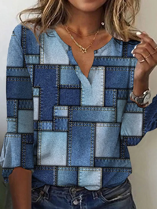 Geometric Shawl Collar Loose Casual Top
