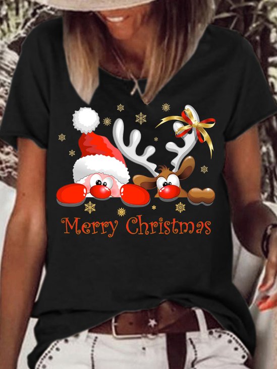 Womens Christmas Santa Print Casual T-Shirt