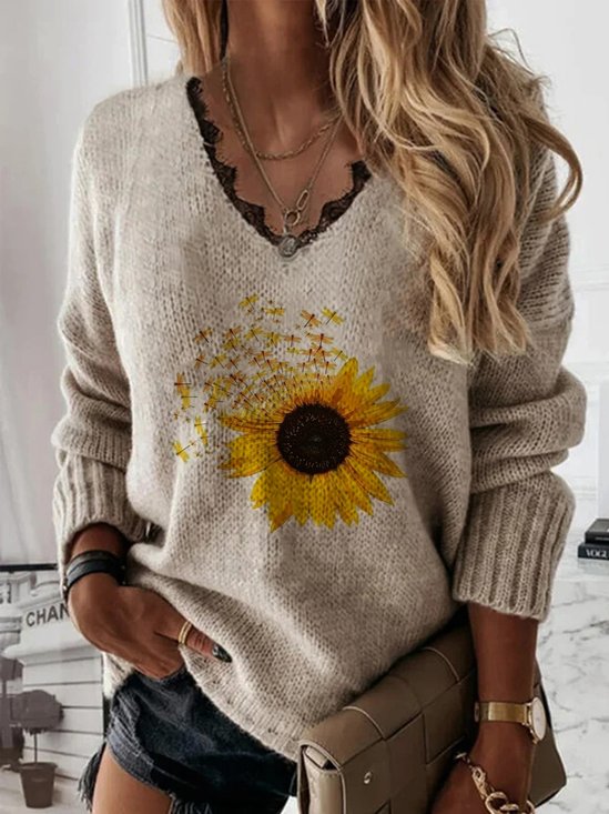 Casual Sunflower Lace V Neck Loose Sweater